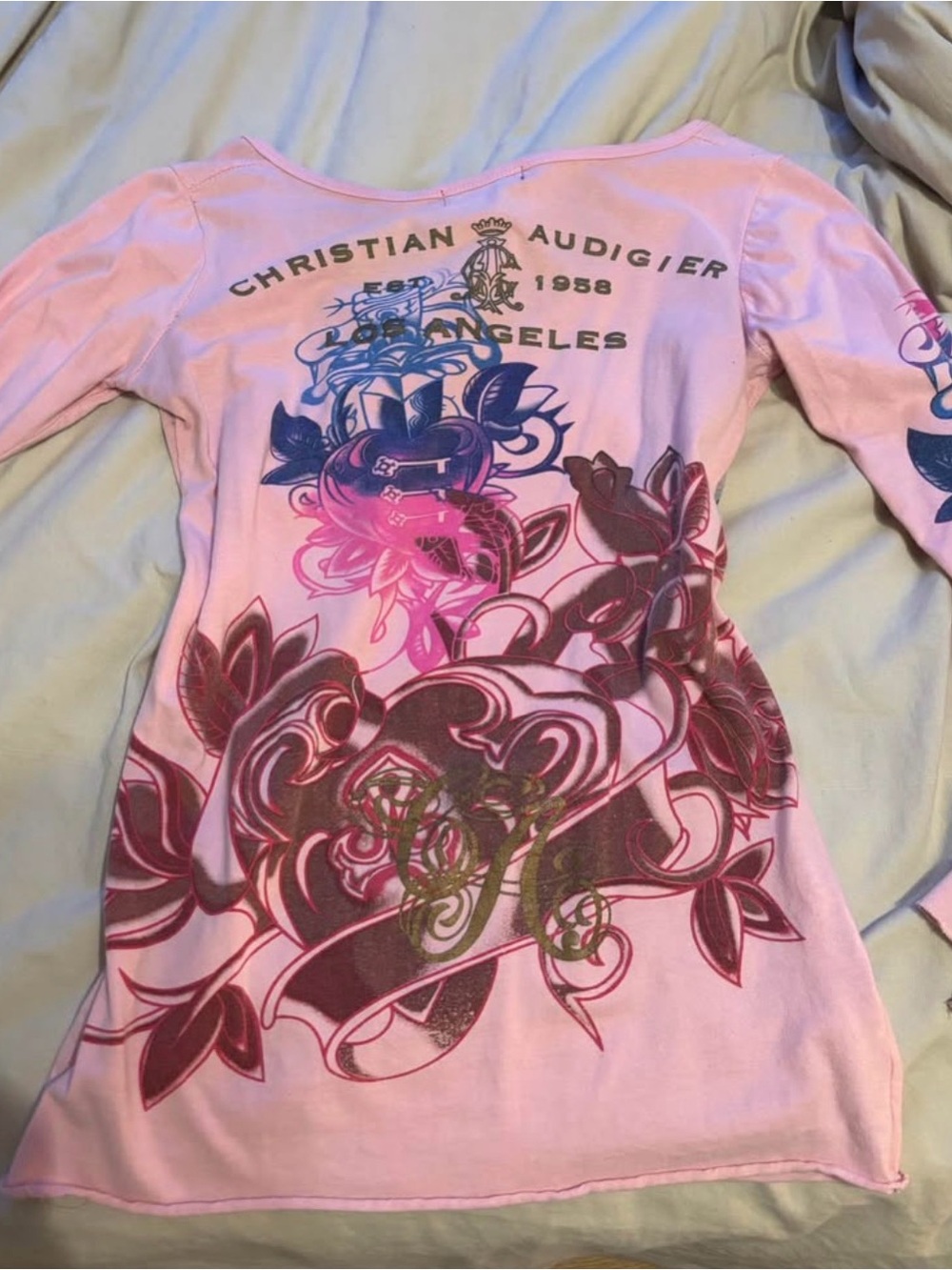 Christian Audigier Pink Long Sleeve Graphic Heart Tee - Picture 2 of 3